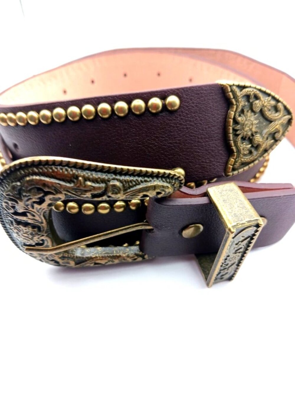 Western Brown Double Row Studded Leather Belt Waist Size 29 To 35
